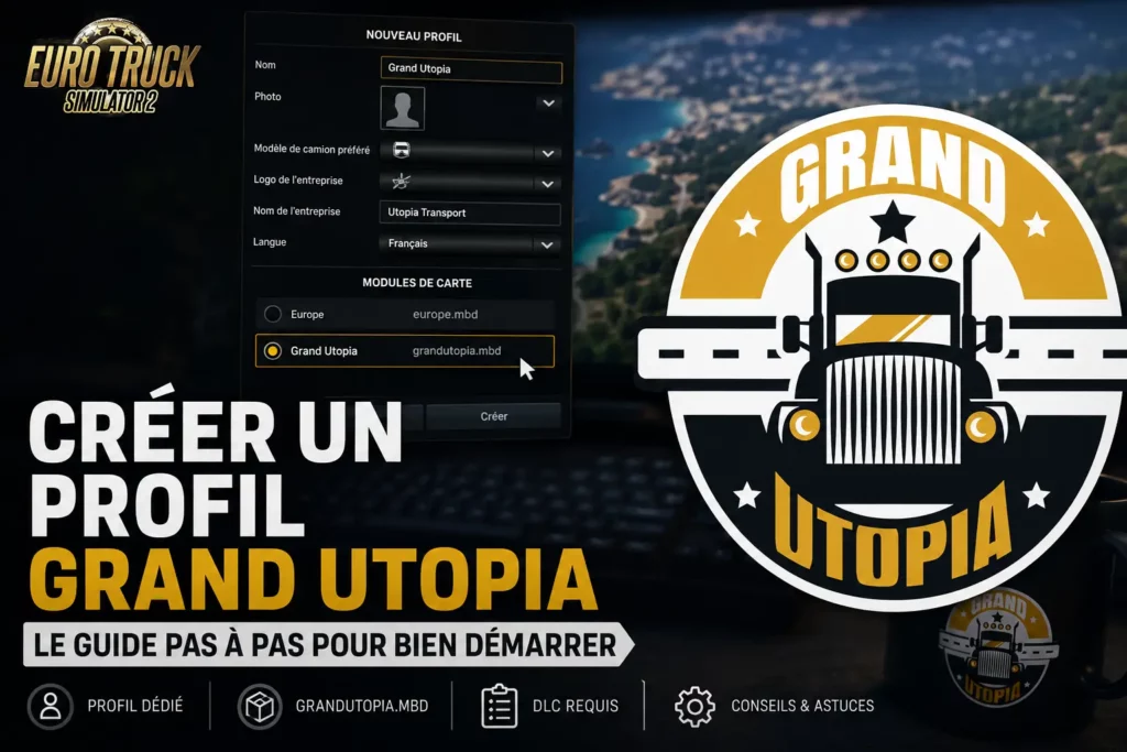 Création d’un profil Grand Utopia dans Euro Truck Simulator 2 avec sélection du module de carte GrandUtopia.mbd.