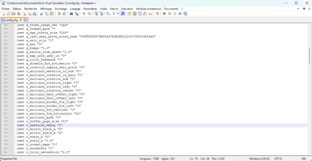 Fichier config.cfg ETS2 ouvert dans Notepad++ pour modifier r_buffer_page_size