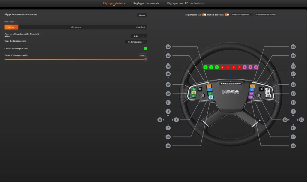 Réglages généraux du MOZA TSW dans Pit House avec configuration des sticks, touches et éclairage de veille