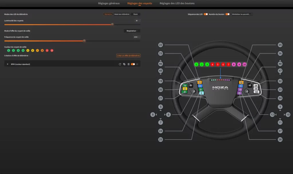 Réglages des voyants du MOZA TSW dans Pit House avec télémétrie, luminosité, couleurs et effet RPM