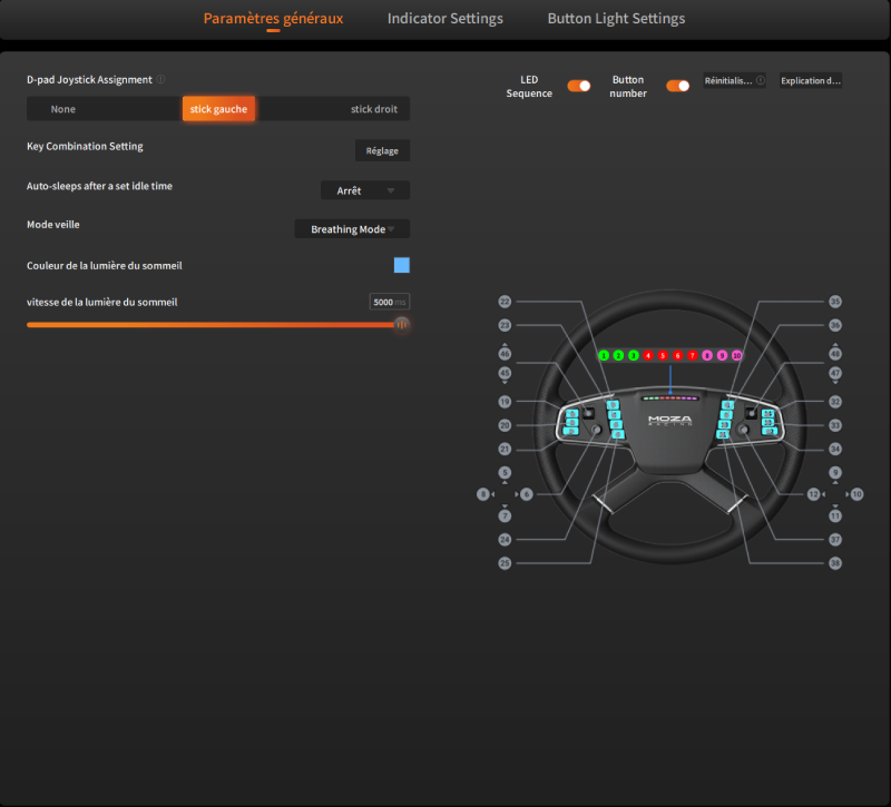 Capture d’écran des paramètres généraux d’un volant MOZA Racing avec assignation du D-pad, mode veille et réglages LED.