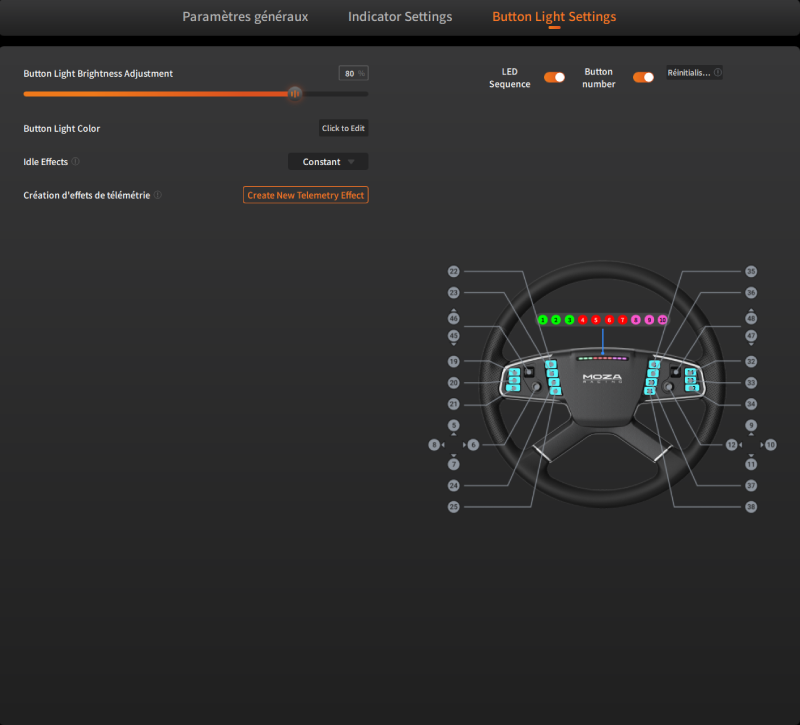 Capture d’écran des paramètres d’éclairage des boutons d’un volant MOZA Racing avec réglage de luminosité, couleur et effets LED.