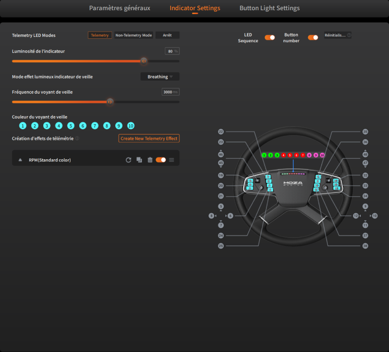Capture d’écran des réglages Indicator Settings sur un volant MOZA Racing avec LED de télémétrie, luminosité et effets lumineux.