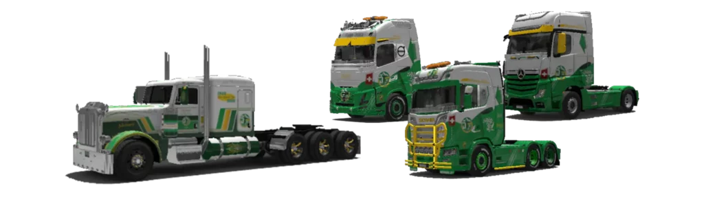 Camions Jim Transport : Scania, Volvo, Mercedes et Peterbilt aux couleurs vert et jaune du canton de Vaud, utilisés dans Euro Truck Simulator 2 et American Truck Simulator.