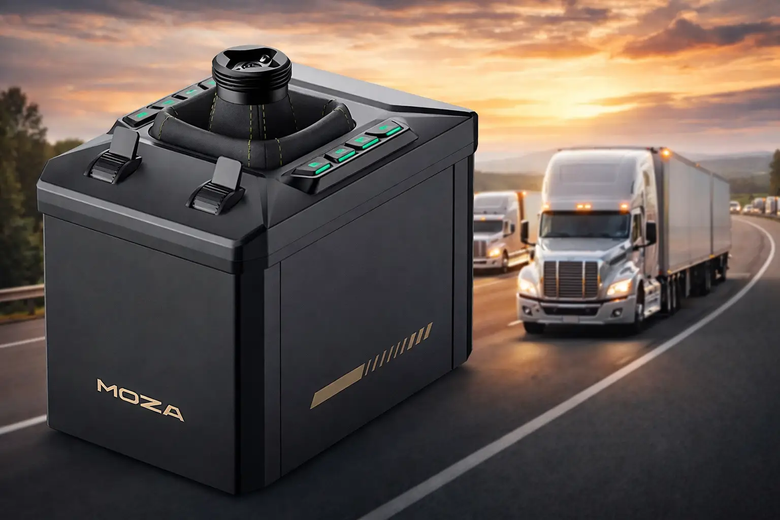 Moza Racing AB6 Active Shifter avec convoi de camions sur autoroute pour simulation de transport routier