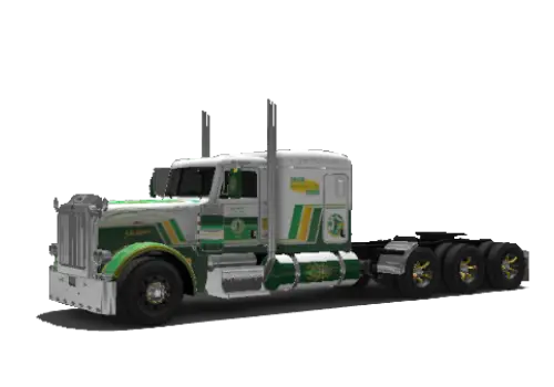 Camion Peterbilt Jim Transport aux couleurs vert et jaune du canton de Vaud dans American Truck Simulator.