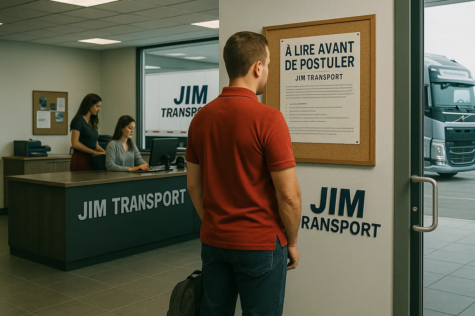 Recrutement Jim Transport : candidat lisant l’affiche dans les bureaux – entreprise virtuelle ETS2 & ATS