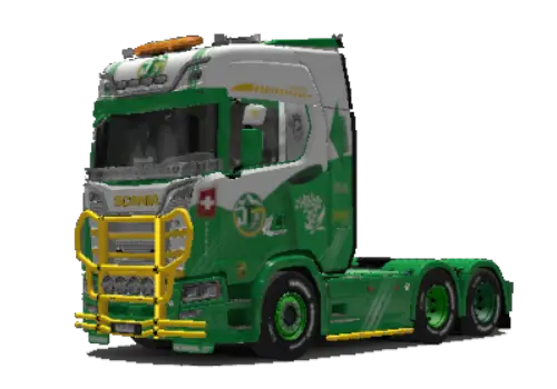 Camion Scania Jim Transport aux couleurs vert et jaune du canton de Vaud dans Euro Truck Simulator 2.