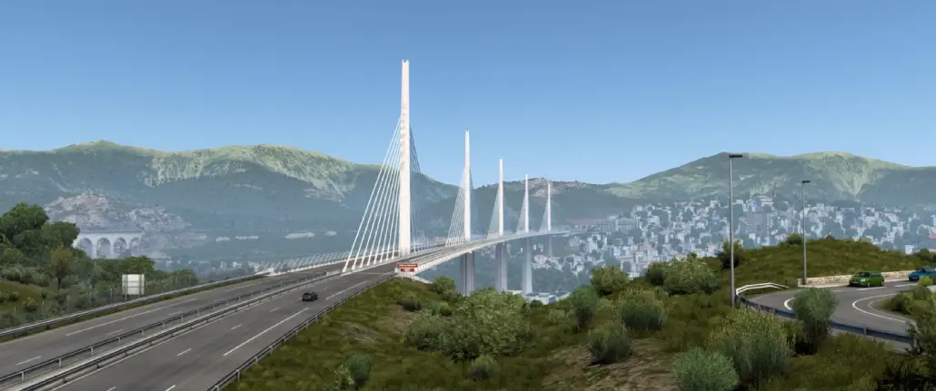 Viaduc d’inspiration Millau — panorama spectaculaire sur Grand Utopia