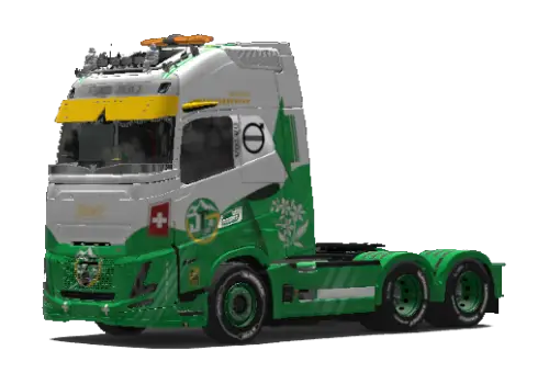 Camion Volvo FH16 Jim Transport aux couleurs vert et jaune du canton de Vaud, prêt pour la route dans Euro Truck Simulator 2.