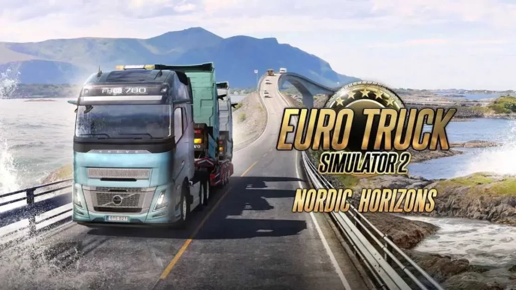 Histoire ETS2 : Nordic Horizons avec un Volvo FH sur une route côtière du Grand Nord