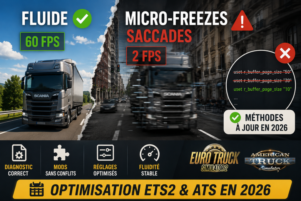 Optimisation ETS2 et ATS en 2026 pour corriger les micro-freezes et saccades, stabiliser les FPS et améliorer la fluidité du jeu.
