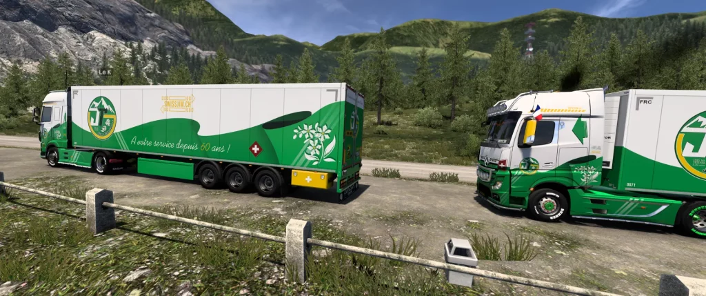 Mercedes Jim Transport remorques aux couleurs suisses dans ETS2 montagnes alpines