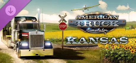 DLC Kansas pour American Truck Simulator avec camion Kenworth W900 dans les champs de tournesols et éoliennes