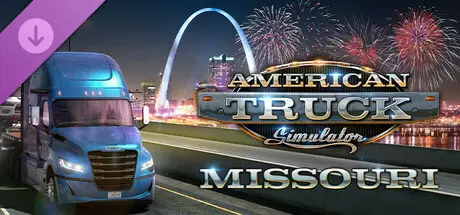 DLC Missouri pour American Truck Simulator avec camion Freightliner Cascadia devant la Gateway Arch de St. Louis de nuit avec feux d'artifice
