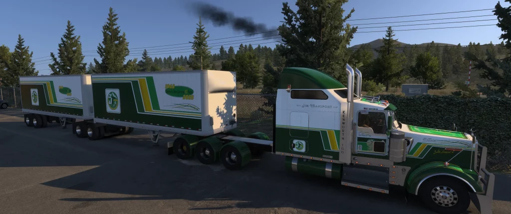 Peterbilt Jim Transport double remorque aux couleurs vert blanc or dans ATS