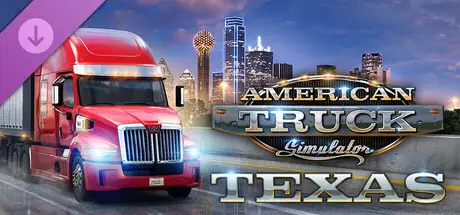 DLC Texas pour American Truck Simulator avec camion Peterbilt devant le skyline de Dallas