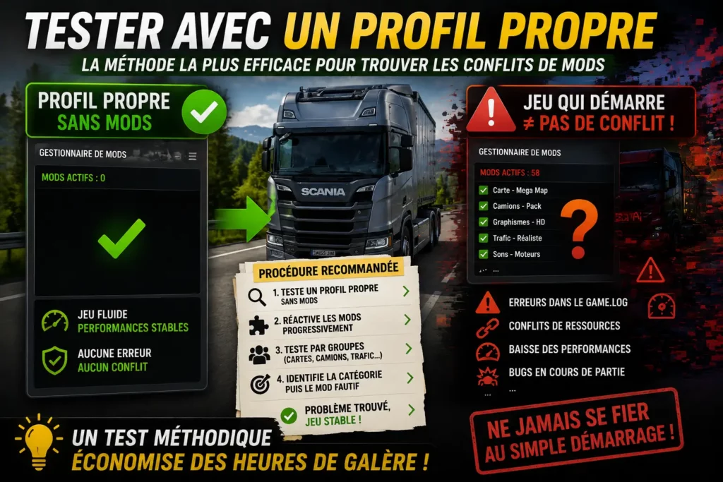 Test d’un profil propre sans mods dans ETS2 et ATS pour identifier les conflits de mods, erreurs et problèmes de performances.