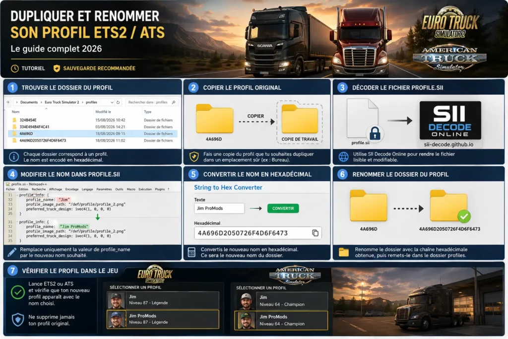 Guide 2026 pour dupliquer et renommer un profil Euro Truck Simulator 2 ou American Truck Simulator en sept étapes.
