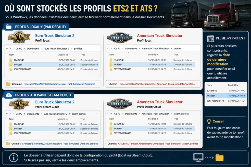 Emplacement des profils ETS2 et ATS sous Windows, avec les dossiers profiles et steam_profiles pour les sauvegardes locales et Steam Cloud.
