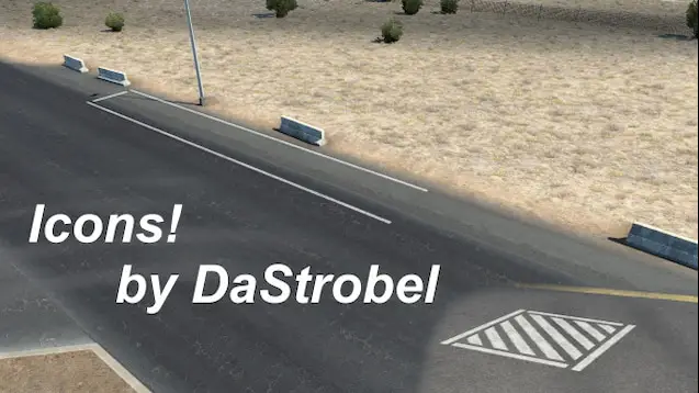 Mod Icons by DaStrobel pour American Truck Simulator avec marquages au sol et textures de route améliorées en environnement désertique