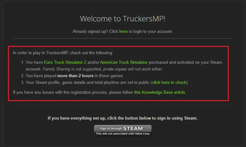 Page d'inscription TruckersMP pour créer un compte multijoueur ETS2 et ATS