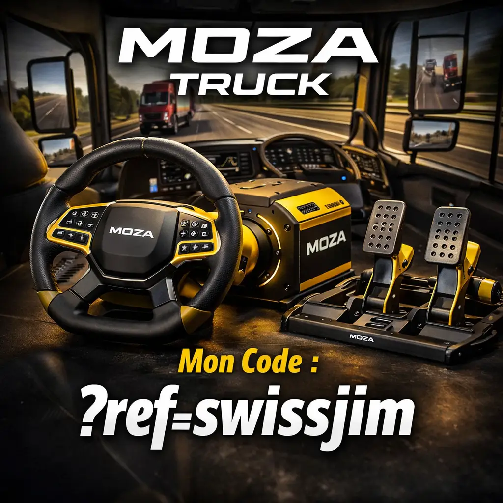 Setup Moza Racing Truck avec volant pédalier et base Direct Drive pour simulation de camion avec code parrainage Swiss Jim