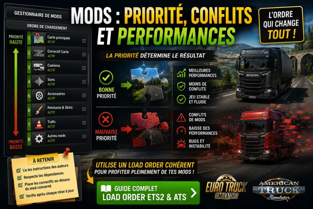 Ordre de chargement des mods ETS2 et ATS montrant comment organiser les priorités pour limiter les conflits et préserver les performances du jeu.