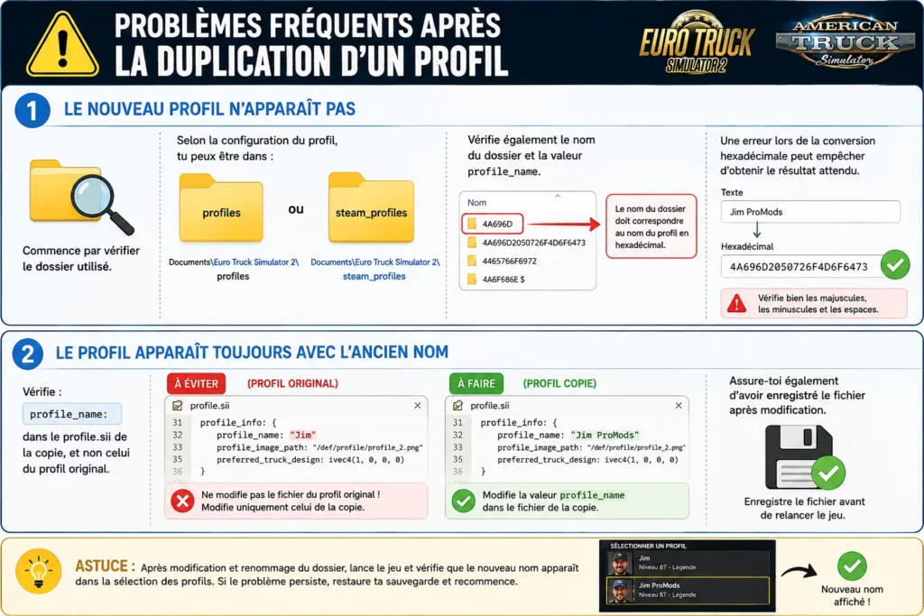 Solutions aux problèmes fréquents après la duplication d’un profil ETS2 ou ATS, notamment profil absent ou ancien nom toujours affiché.