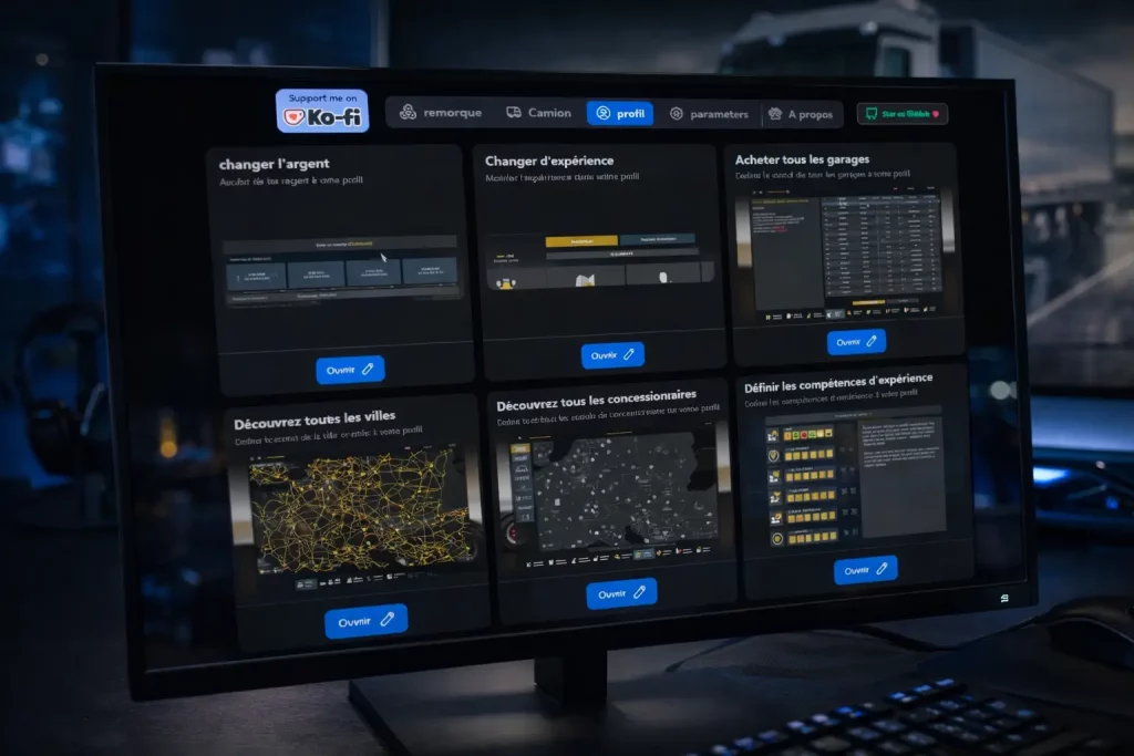 Interface de Truck Tools éditeur de sauvegardes pour Euro Truck Simulator 2 et American Truck Simulator