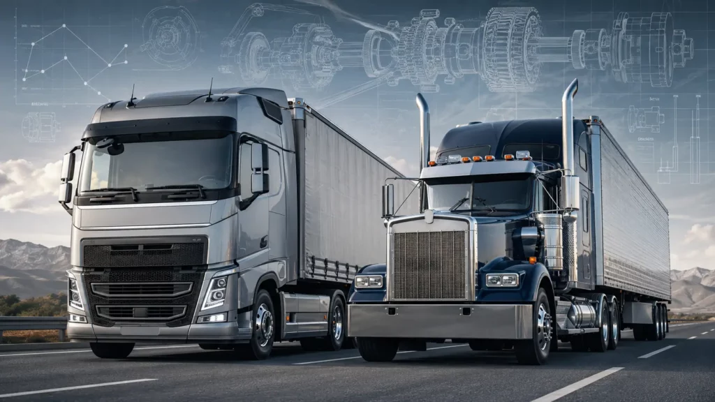 Comparatif entre un camion européen 12 et un camion américain 18 vitesses avec schéma technique de transmission.