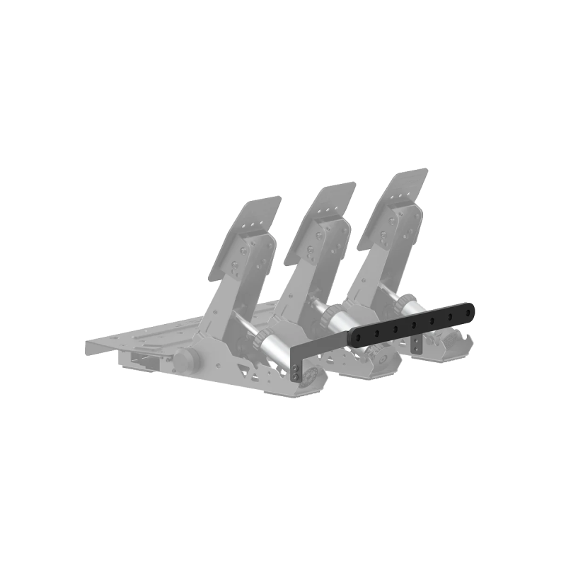 Vue d’un pédalier sim racing à trois pédales avec barre repose-talon frontale noire mise en évidence.