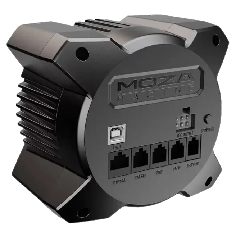 Vue arrière d’une base MOZA Racing R3 avec connectiques USB et ports accessoires pour simulateur de conduite