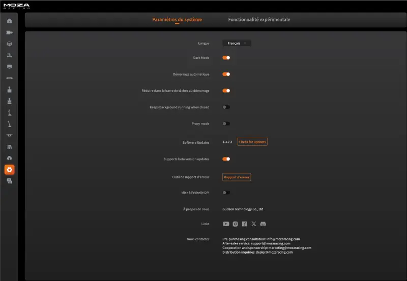 Paramètres système logiciel MOZA configuration ETS2 mise à jour