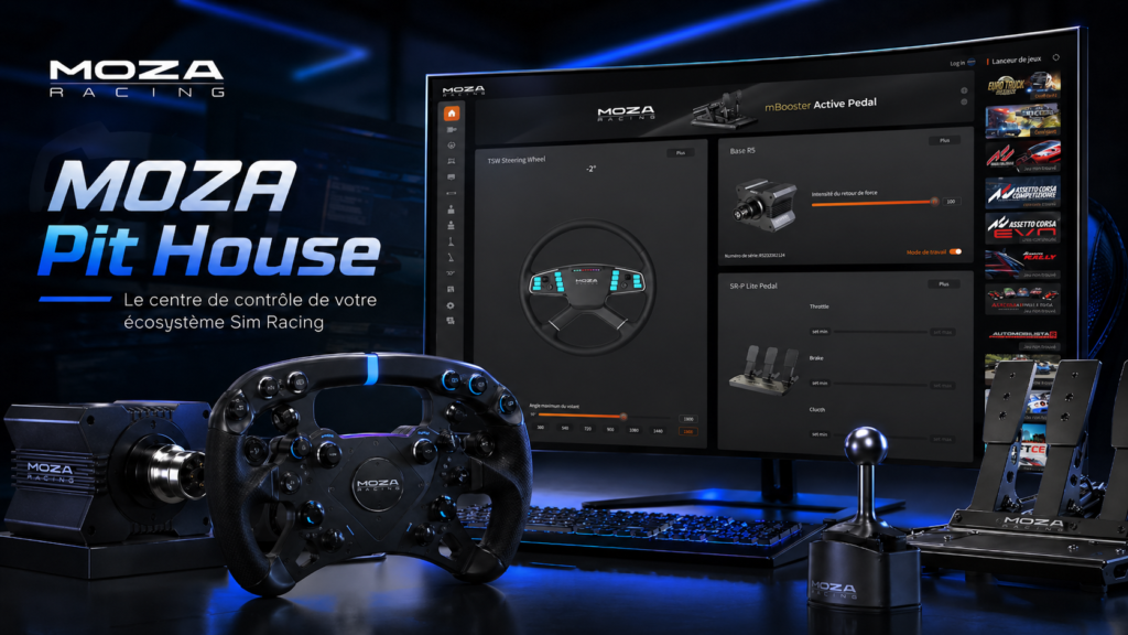 Visuel MOZA Pit House avec logiciel de commande pour volant, base, pédalier et shifter de sim racing.