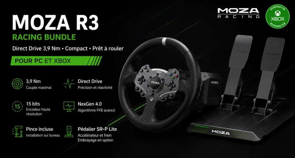 MOZA R3 Racing Bundle avec volant Direct Drive, base R3 et pédalier SR-P Lite pour PC et Xbox.