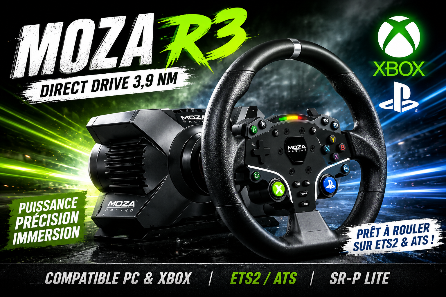 Volant MOZA R3 Direct Drive 3,9 Nm présenté pour ETS2 et ATS, avec compatibilité PC et Xbox.