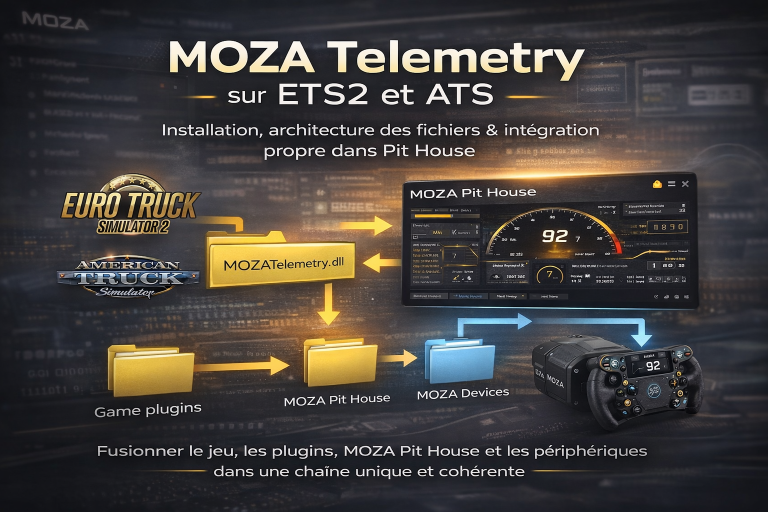 Schéma d’installation de MOZA Telemetry sur ETS2 et ATS avec intégration dans MOZA Pit House et périphériques MOZA