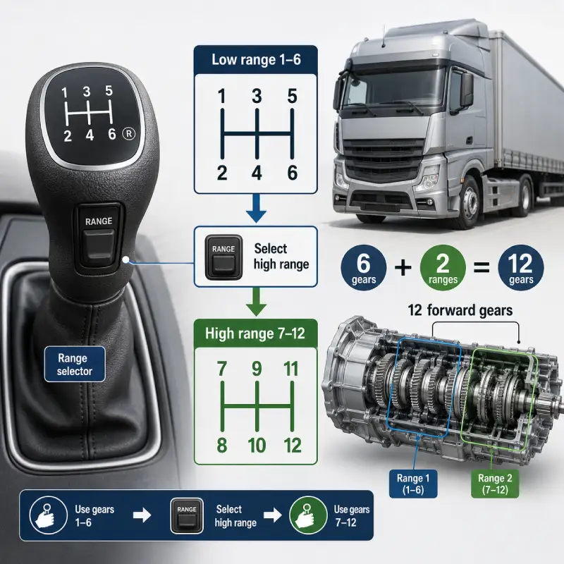 Schéma d’une boîte camion 12 vitesses avec sélecteur de gamme, passage des rapports 1 à 12 et vue interne de la transmission.