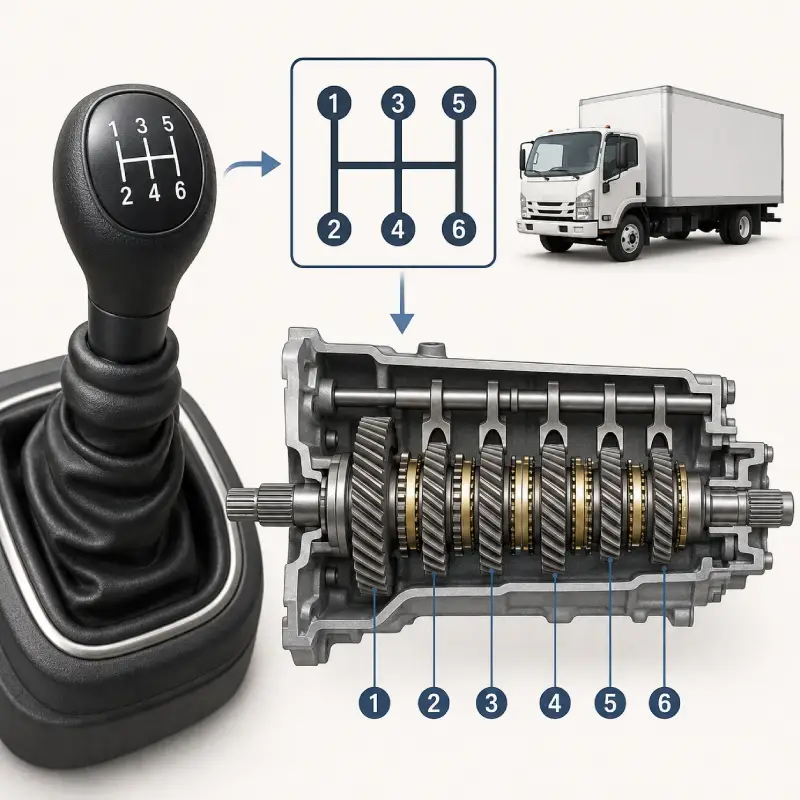 Schéma d’une boîte manuelle 6 vitesses de camion avec levier de vitesse, grille H et vue interne de la transmission.