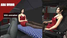 Visuel du mod Ada Wong co-driver montrant un personnage féminin en robe rouge comme passagère dans une cabine de camion en simulation.