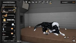 Chien animé couché dans la cabine d’un camion dans ATS, avec interface de personnalisation du mod visible à l’écran.