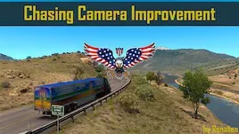Camion avec remorque roulant sur une route désertique dans American Truck Simulator, illustrant le mod Chasing Camera Improvement pour améliorer la caméra extérieure.