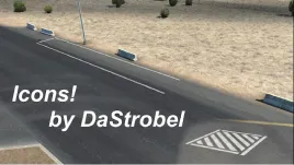 Vue d’une route dans American Truck Simulator avec le texte Icons by DaStrobel, illustrant un mod d’icônes et de repères visuels pour ATS.