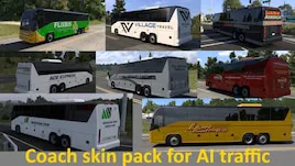 Montage montrant plusieurs autocars avec skins personnalisés pour le trafic IA dans American Truck Simulator.
