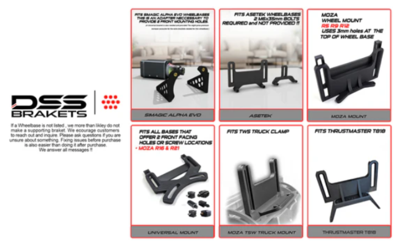 Visuel DSS Brackets présentant plusieurs supports compatibles avec Simagic Alpha Evo, Asetek, MOZA, MOZA TSW Truck et Thrustmaster T818