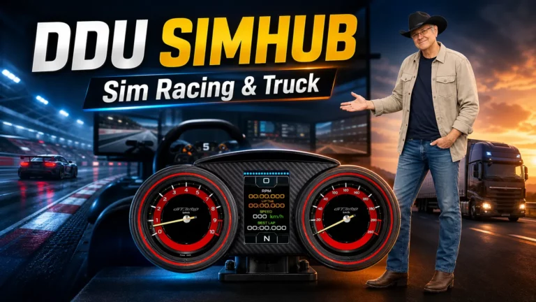 Visuel DDU SimHub pour sim racing et truck simulator avec tableau de bord double cadran, voiture de course et camion.