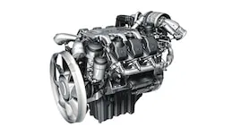 Moteur Mercedes-Benz Actros V6 gris sur fond blanc, illustrant un mod de son open pipe pour Euro Truck Simulator 2.