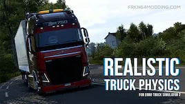 Camion rouge roulant sur une route dans Euro Truck Simulator 2, illustrant le mod Realistic Truck Physics Mod v9.1.2 de Frkn64.