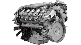 Moteur Scania V8 gris sur fond blanc, illustrant un mod de son moteur stock pour Euro Truck Simulator 2.